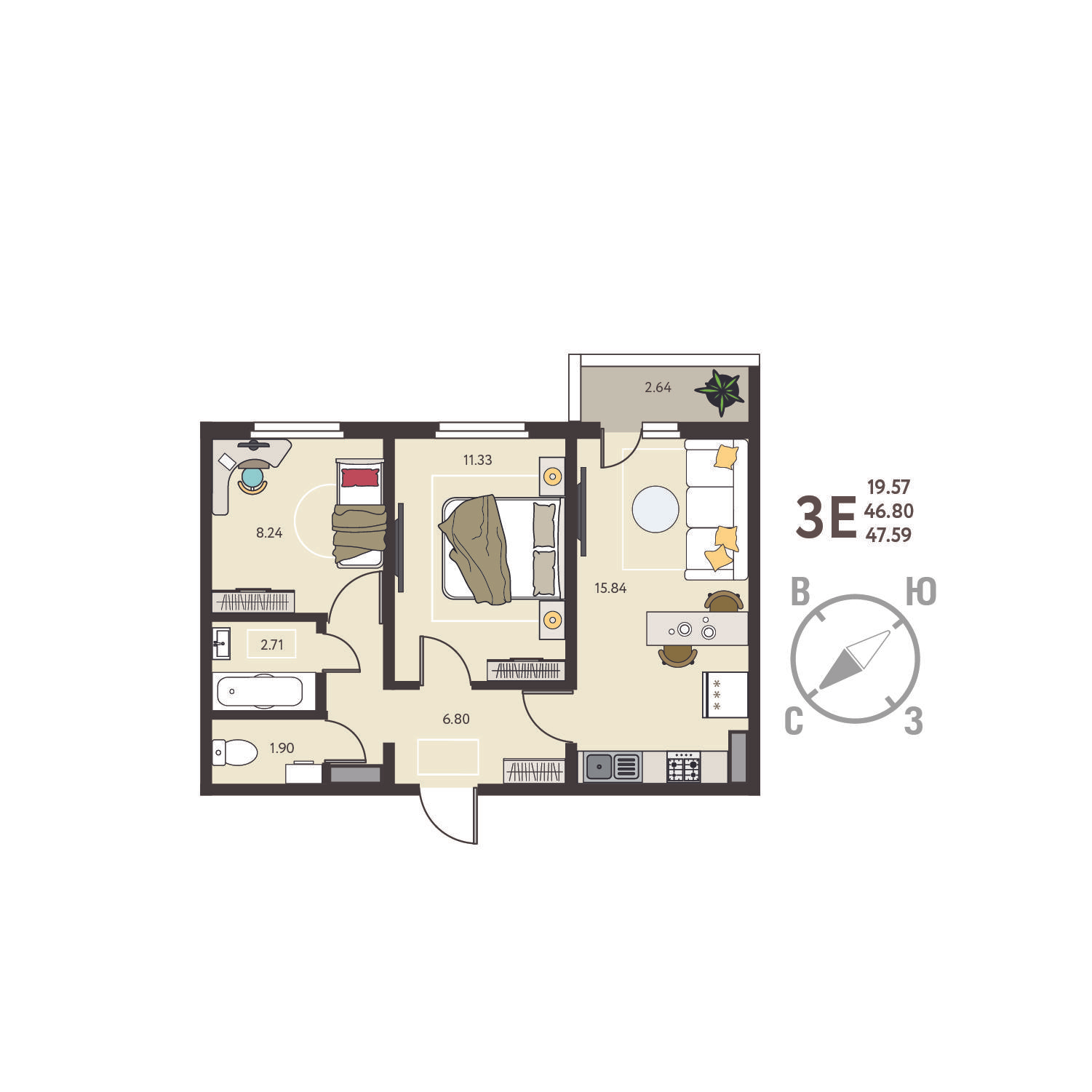 2-комнатная 47 м2 в ЖК Инстеп.Сити корпус null этаж 9