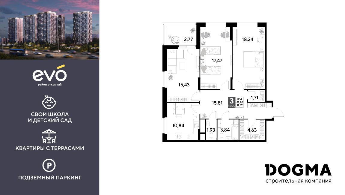 3-комнатная 92 м2 в ЖК ЭВО корпус null этаж 12