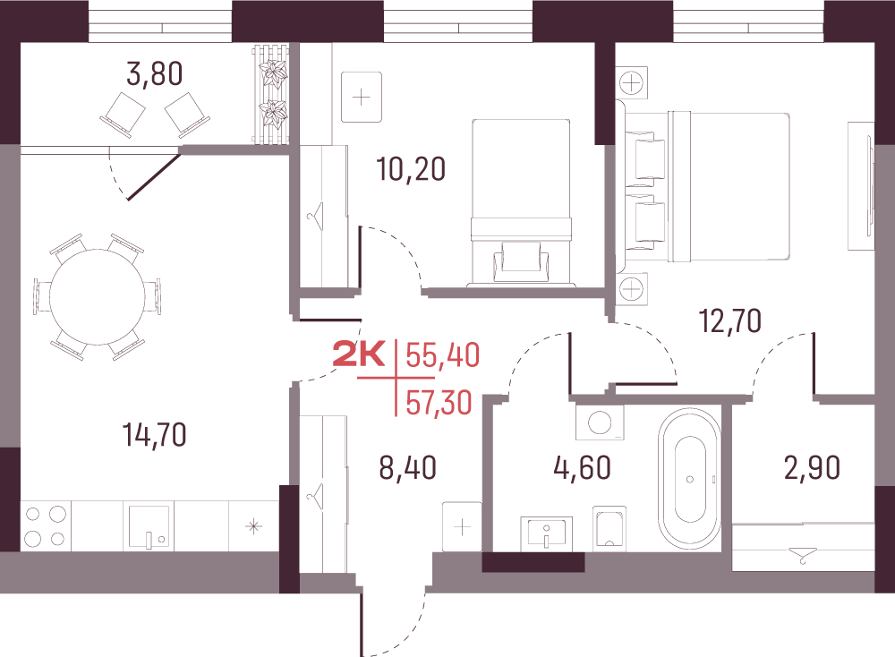 2-комнатная 55 м2 в ЖК А+ корпус null этаж 15