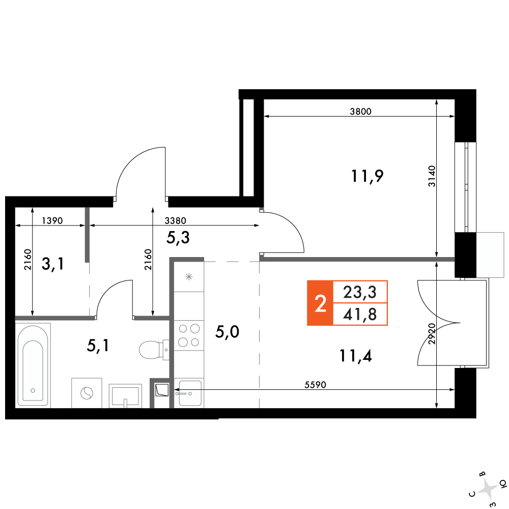 2-комнатная 41 м2 в ЖК Флагман корпус null этаж 10