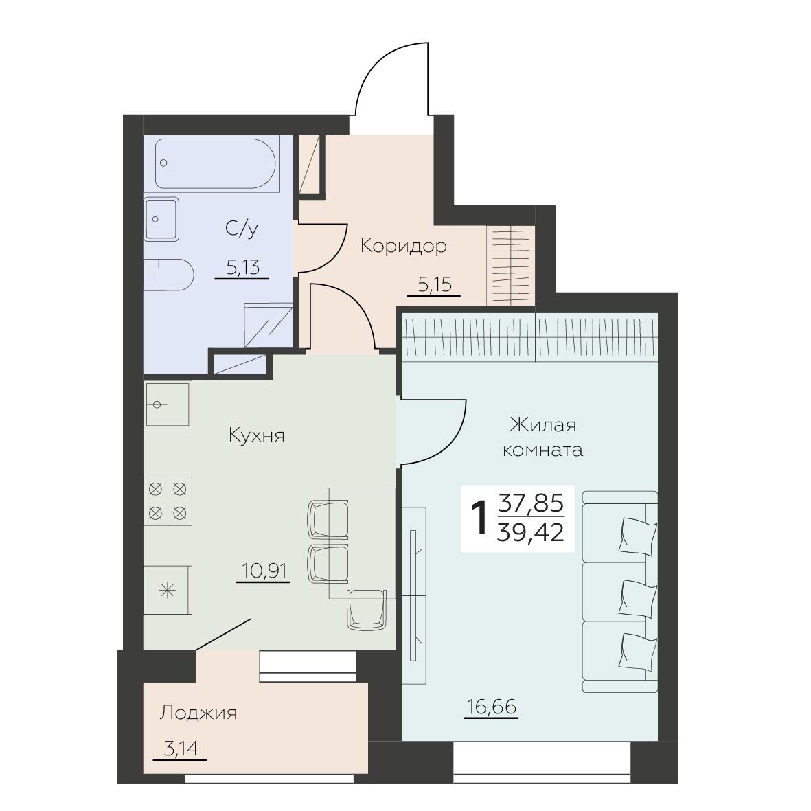 1-комнатная 39 м2 в ЖК Заря корпус null этаж 7