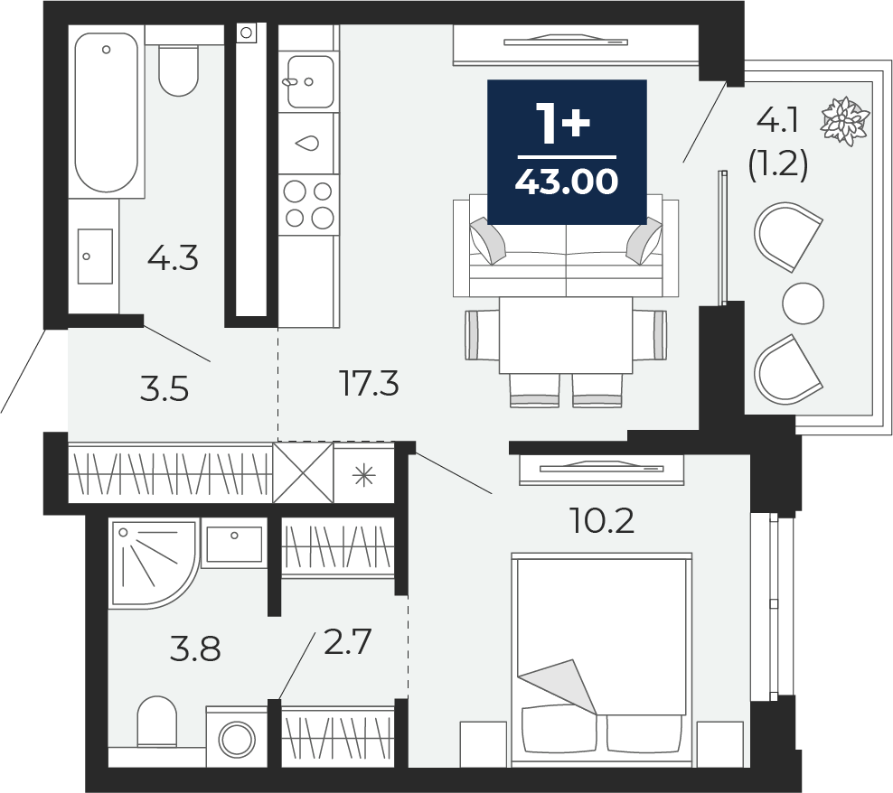 1-комнатная 41 м2 в ЖК Мириады корпус null этаж 12