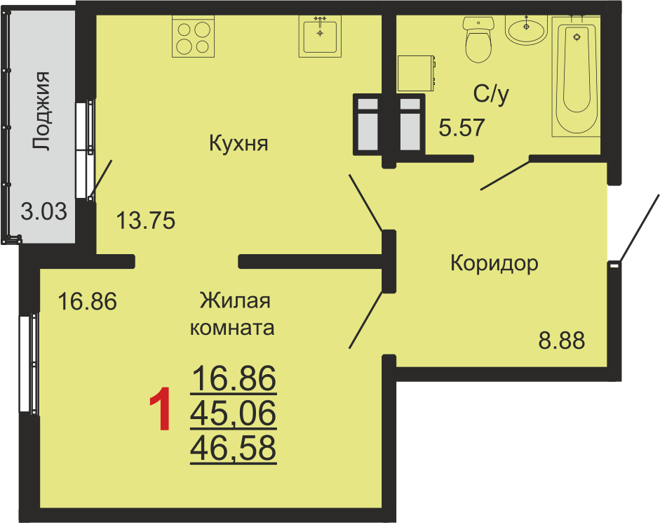 1-комнатная 45.2 м2 в ЖК undefined корпус null этаж 3