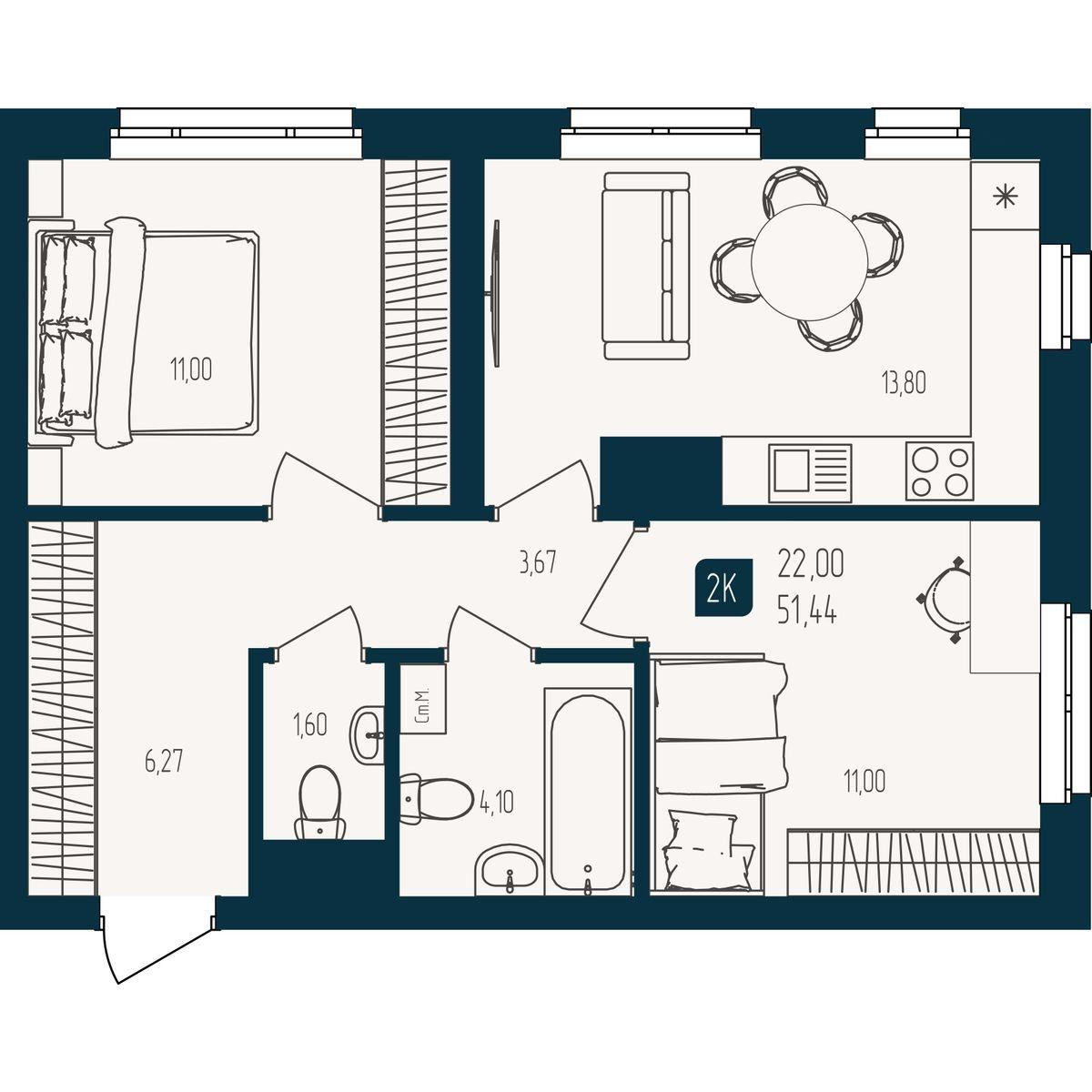2-комнатная 51 м2 в ЖК Квартал Мятный корпус null этаж 4