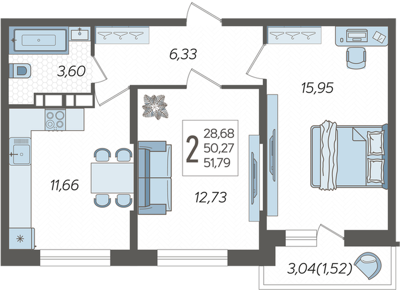 2-комнатная 51.8 м2 в ЖК undefined корпус null этаж 12