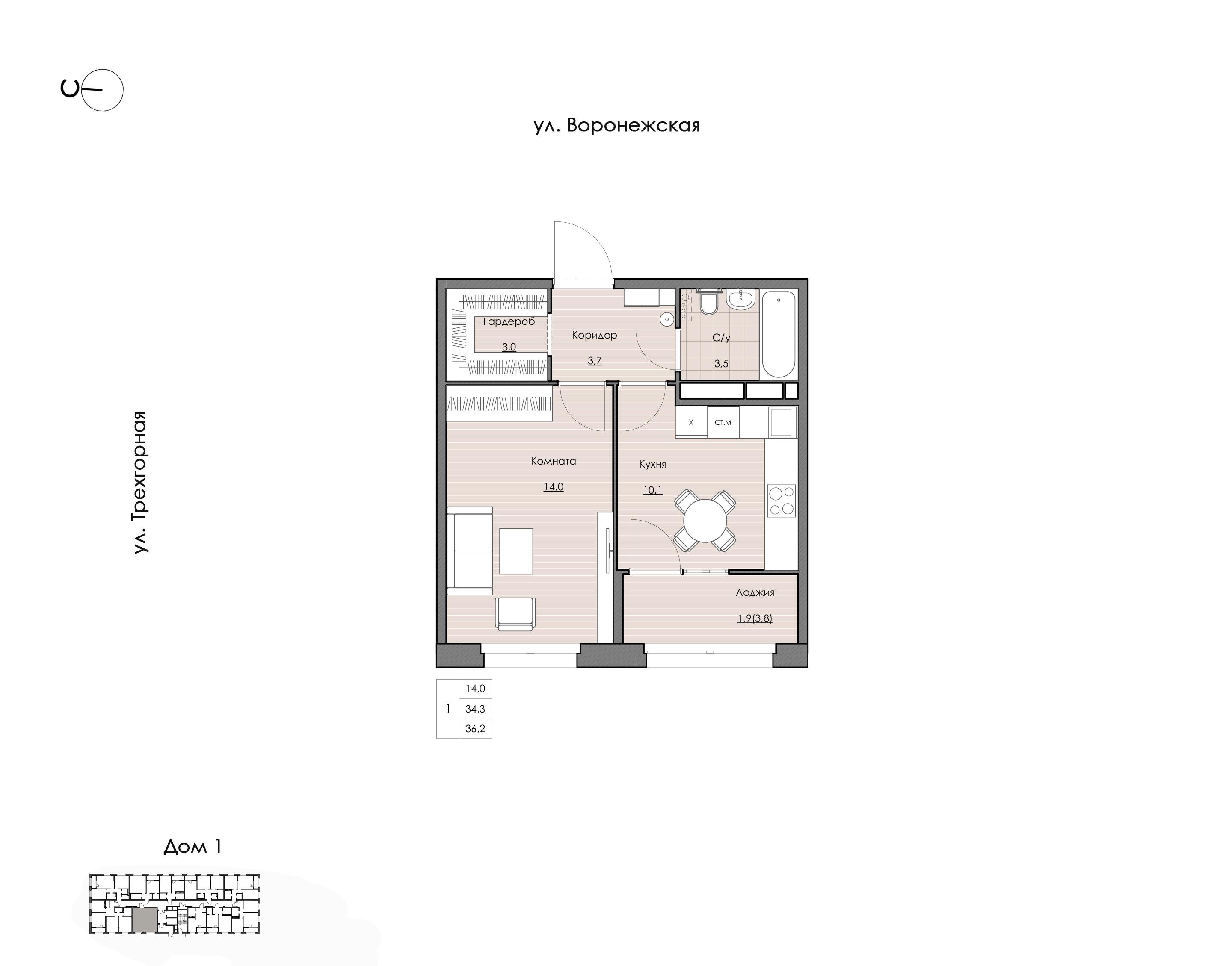 1-комнатная 36 м2 в ЖК Воронежский бульвар корпус null этаж 12