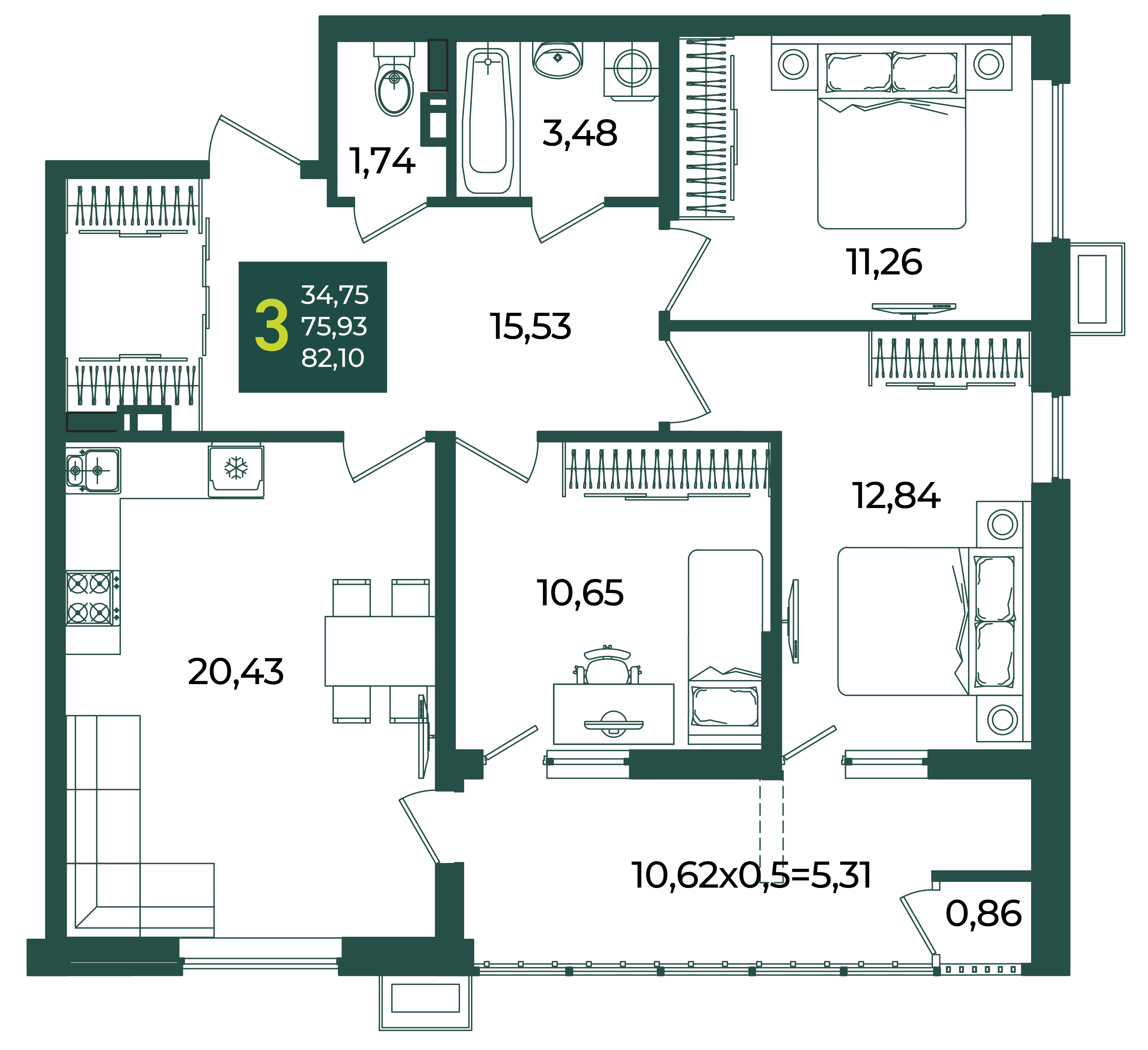 3-комнатная 82 м2 в ЖК Образцово корпус null этаж 4