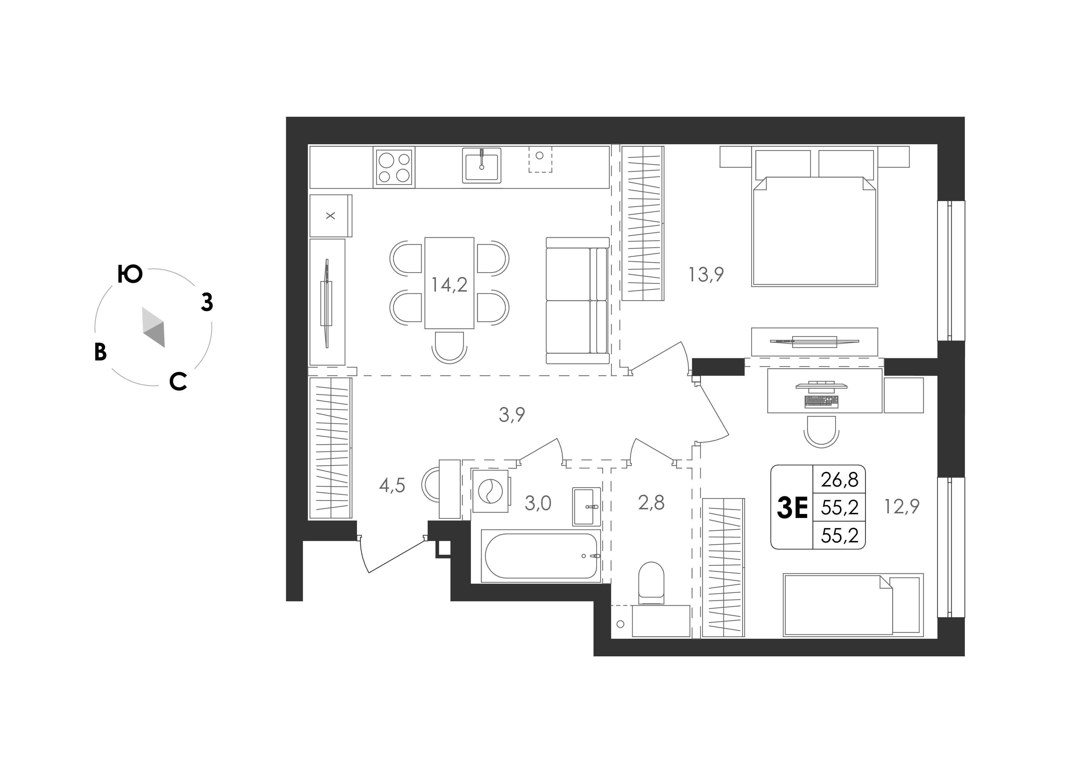3-комнатная 55 м2 в ЖК Циолковский корпус null этаж 2