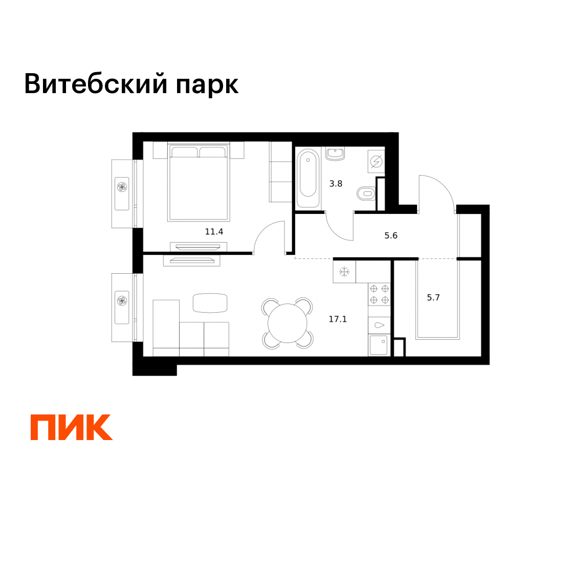 1-комнатная 43 м2 в ЖК Витебский парк корпус null этаж 6