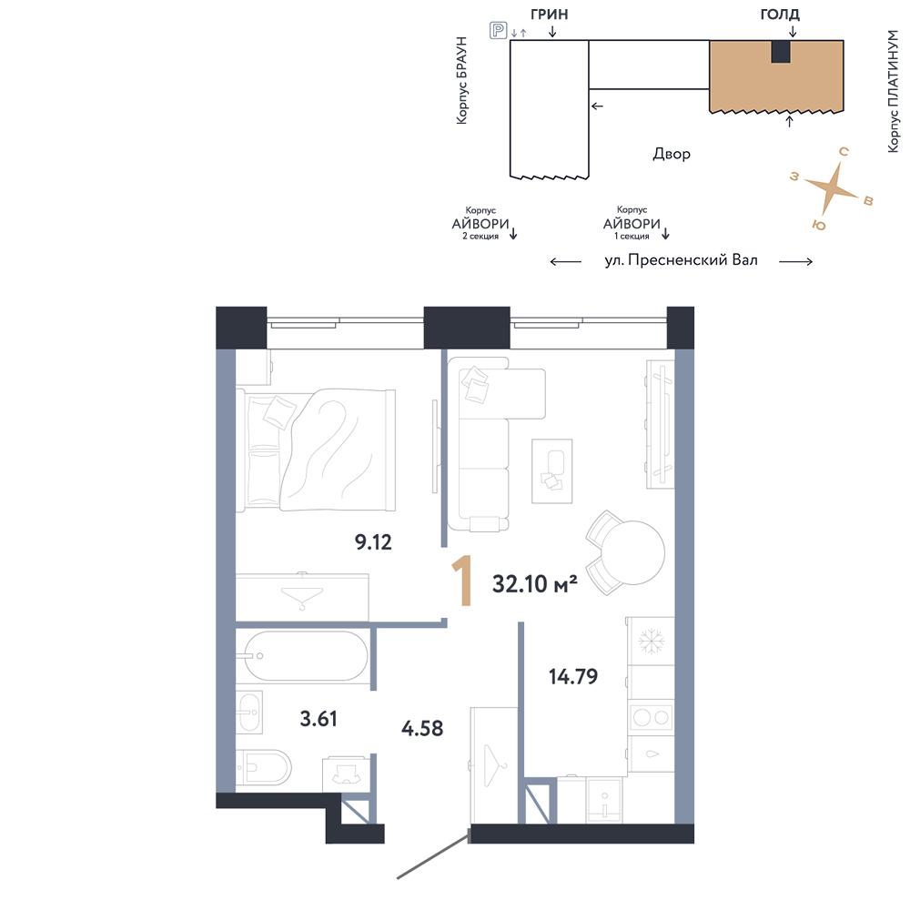 1-комнатная 32 м2 в ЖК Republic корпус null этаж 13