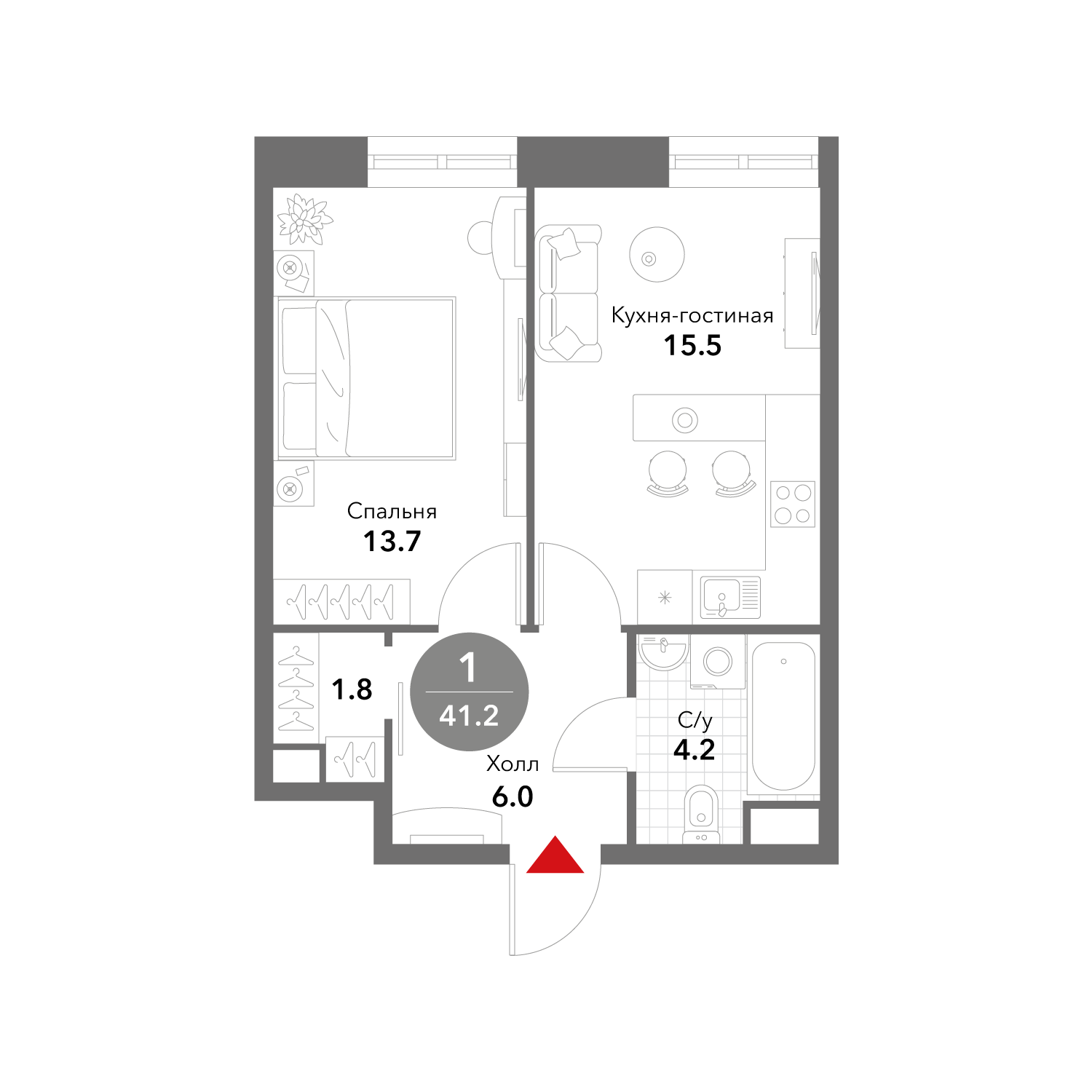 1-комнатная 41 м2 в ЖК Voxhall корпус null этаж 22