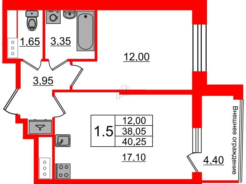 1-комнатная 38 м2 в ЖК Бионика Заповедная корпус null этаж 10