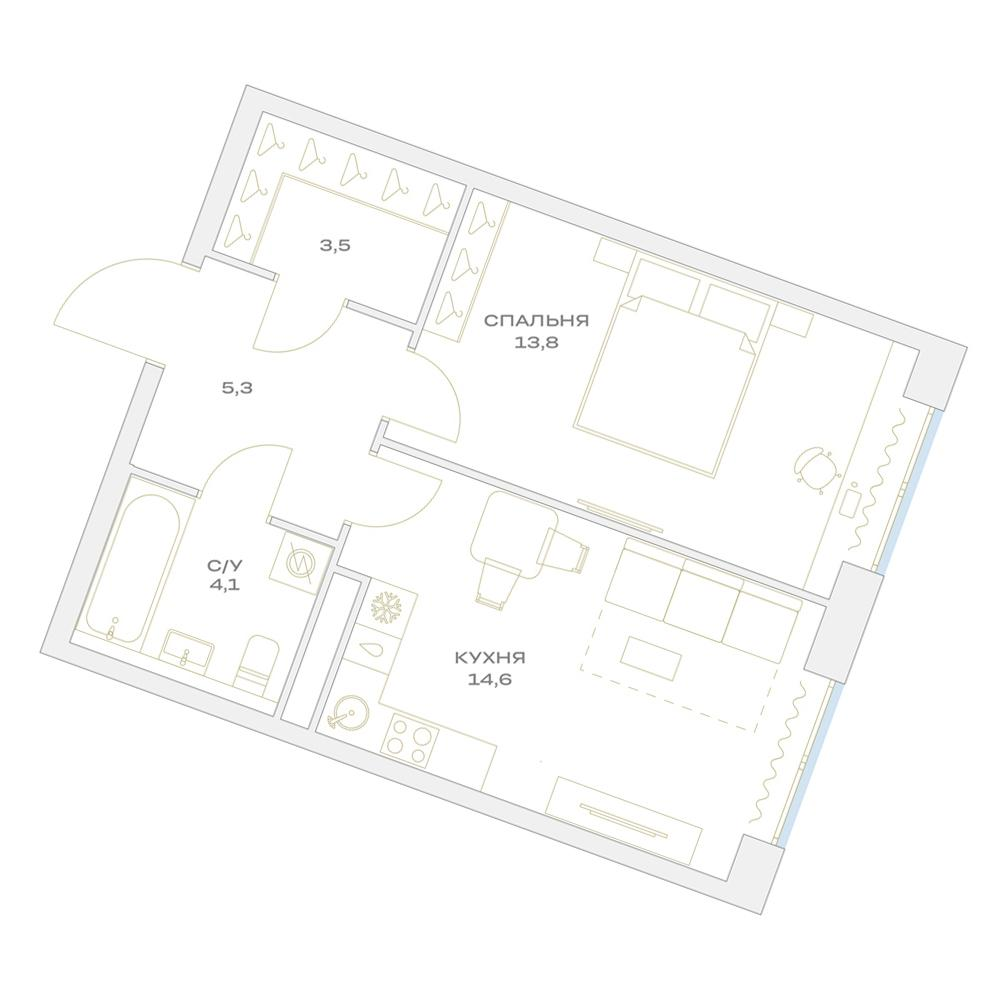 1-комнатная 41 м2 в ЖК Детали корпус null этаж 5