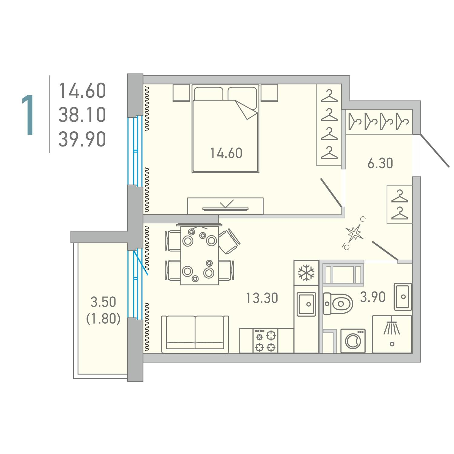 1-комнатная 39 м2 в ЖК LOVO корпус null этаж 14