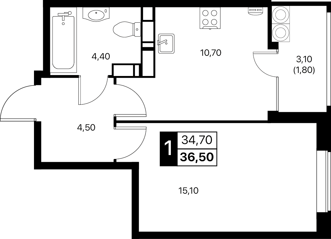 1-комнатная 36 м2 в ЖК Эстет корпус null этаж 14