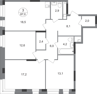 3-комнатная 87 м2 в ЖК Первый Московский корпус null этаж 2
