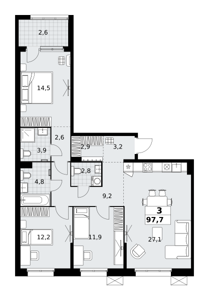 3-комнатная 97 м2 в ЖК Дзен-кварталы корпус null этаж 5