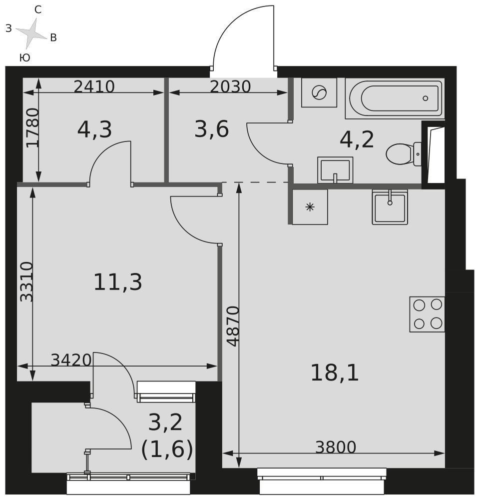 1-комнатная 43 м2 в ЖК Sky Garden корпус null этаж 4