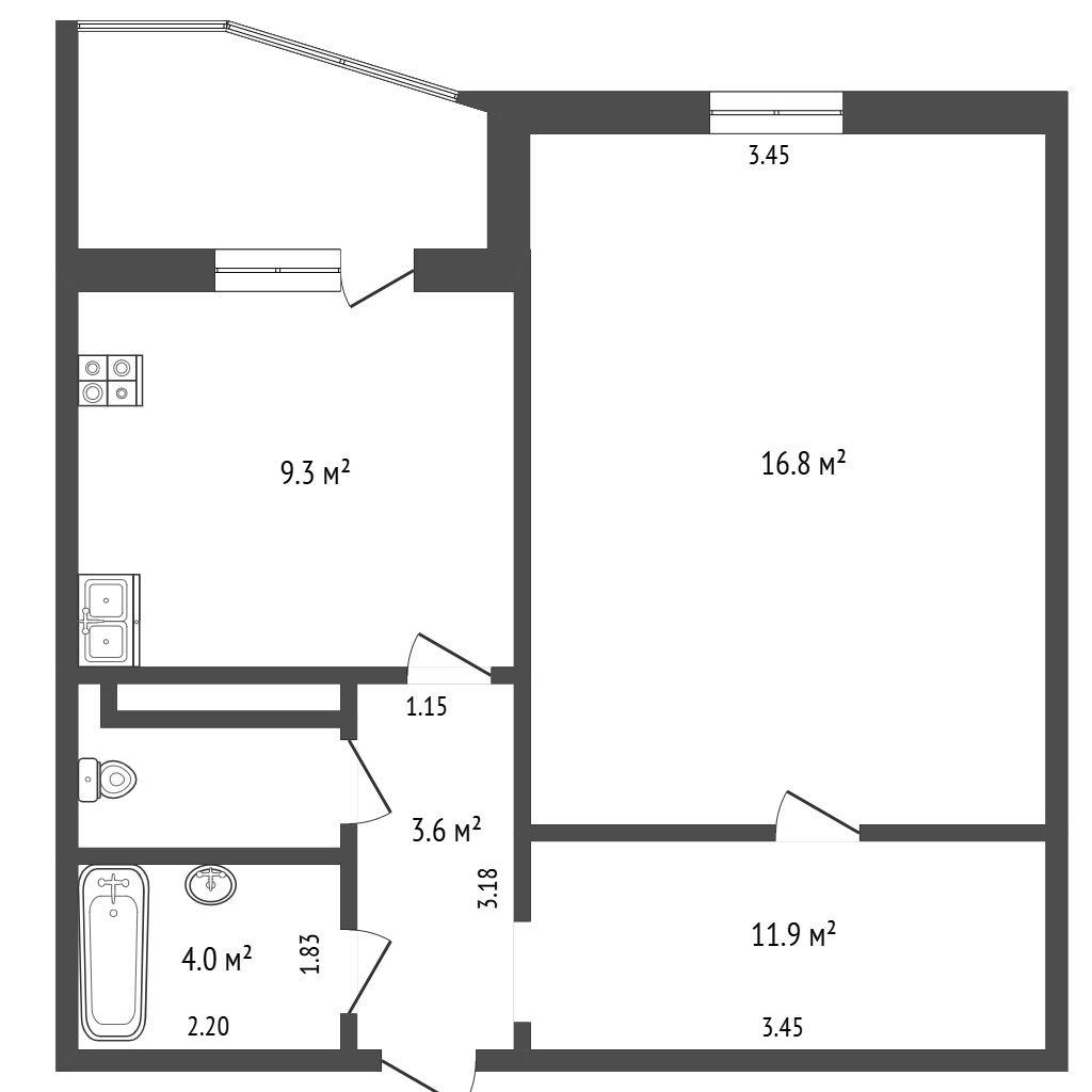 1-комнатная 43 м2 в ЖК undefined корпус null этаж 12