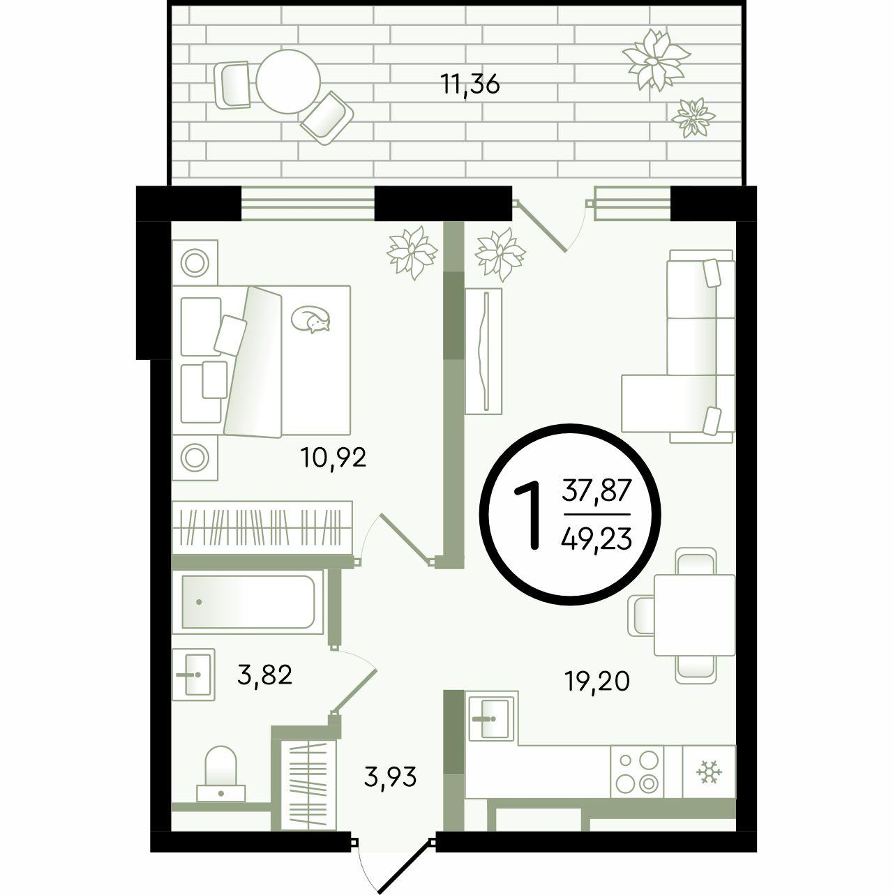 1-комнатная 49 м2 в ЖК Зеленые Аллеи корпус null этаж 1
