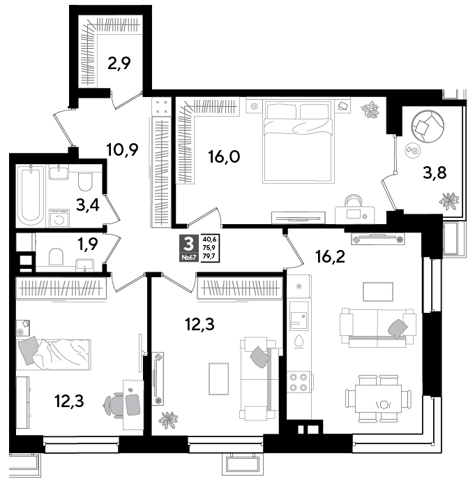 3-комнатная 78 м2 в ЖК Парк Победы 2 корпус null этаж 9