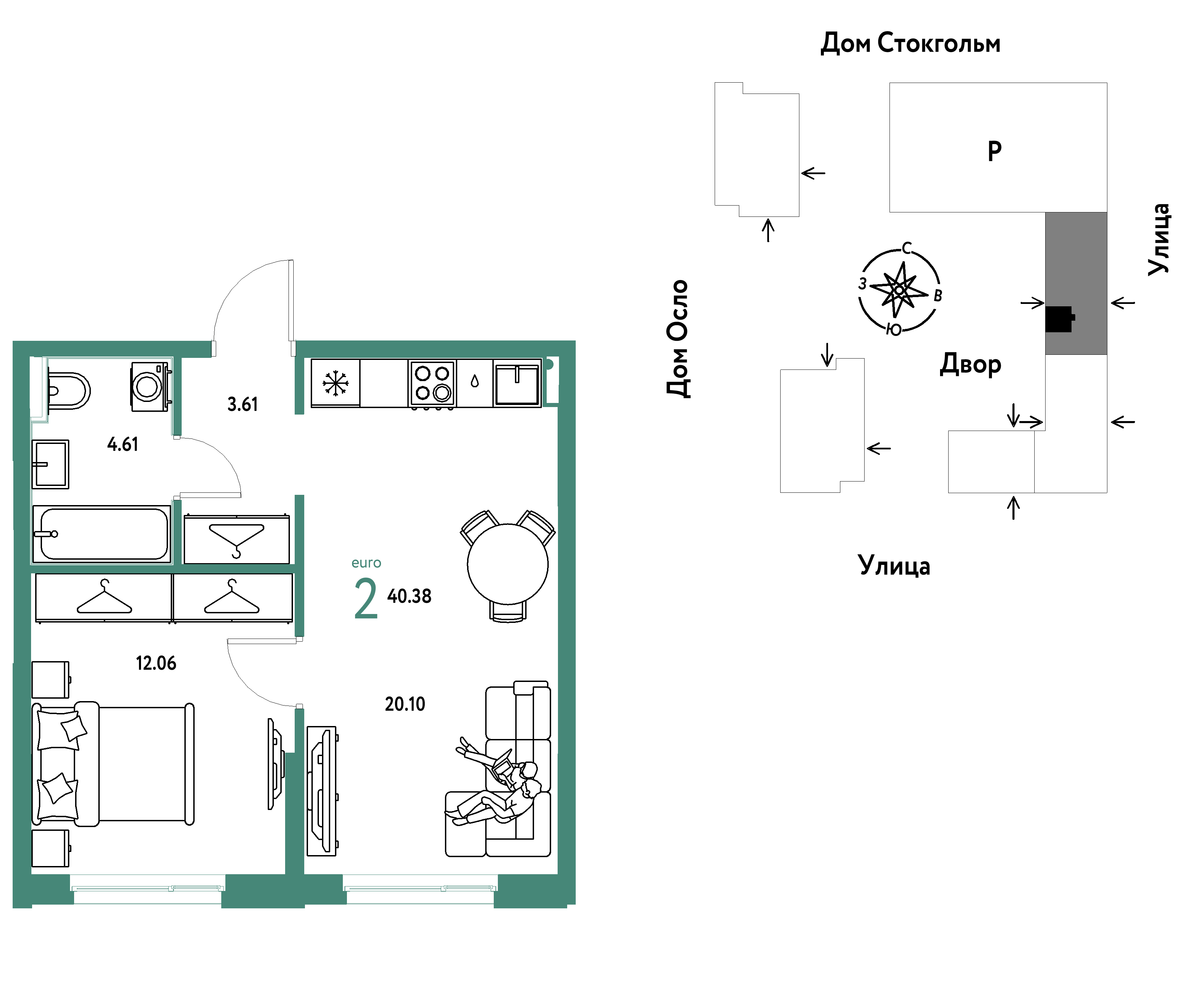 2-комнатная 40 м2 в ЖК Европейский берег 2.0 корпус null этаж 8