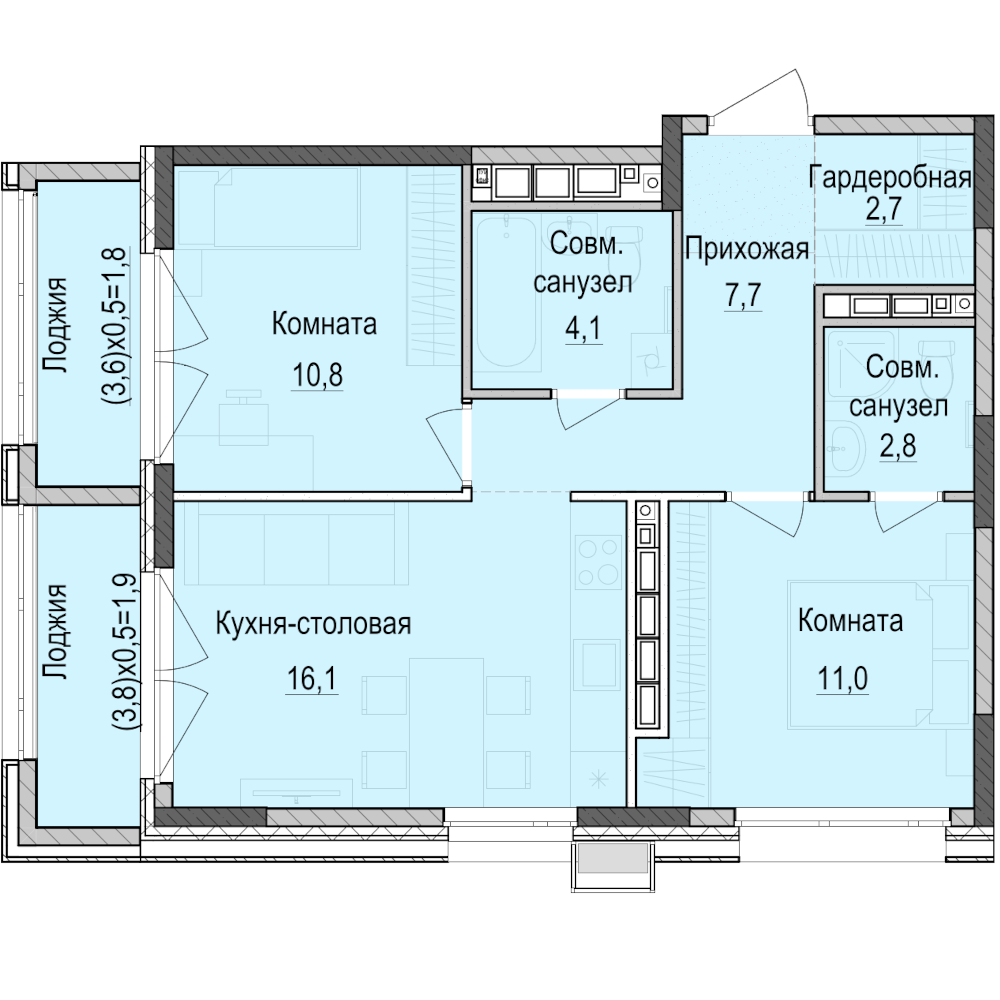 2-комнатная 58 м2 в ЖК Парк Маяк корпус null этаж 13