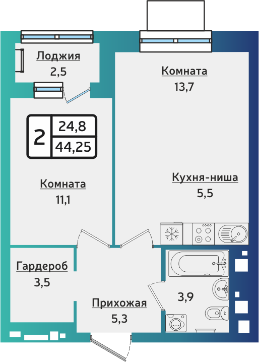 2-комнатная 44 м2 в ЖК ARTNOVA корпус null этаж 5