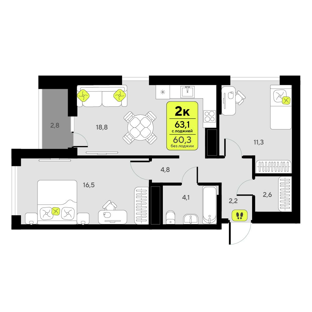 2-комнатная 63 м2 в ЖК Мотивы корпус null этаж 2
