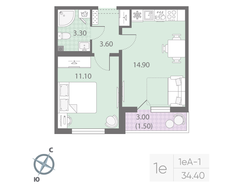 1-комнатная 34 м2 в ЖК Ручьи (2 оч.) корпус null этаж 10