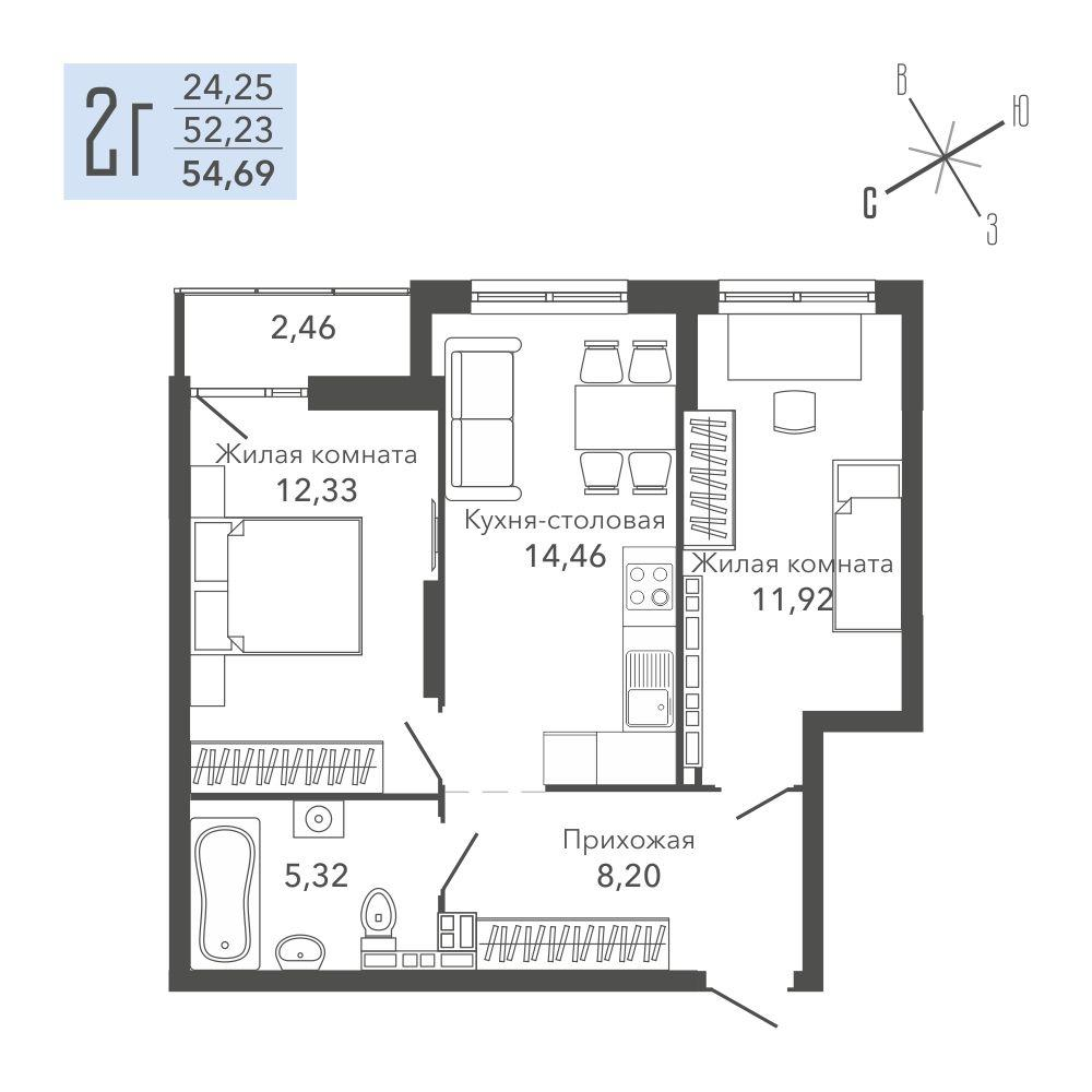 2-комнатная 54 м2 в ЖК Жилая среда «Шишкин» корпус null этаж 2