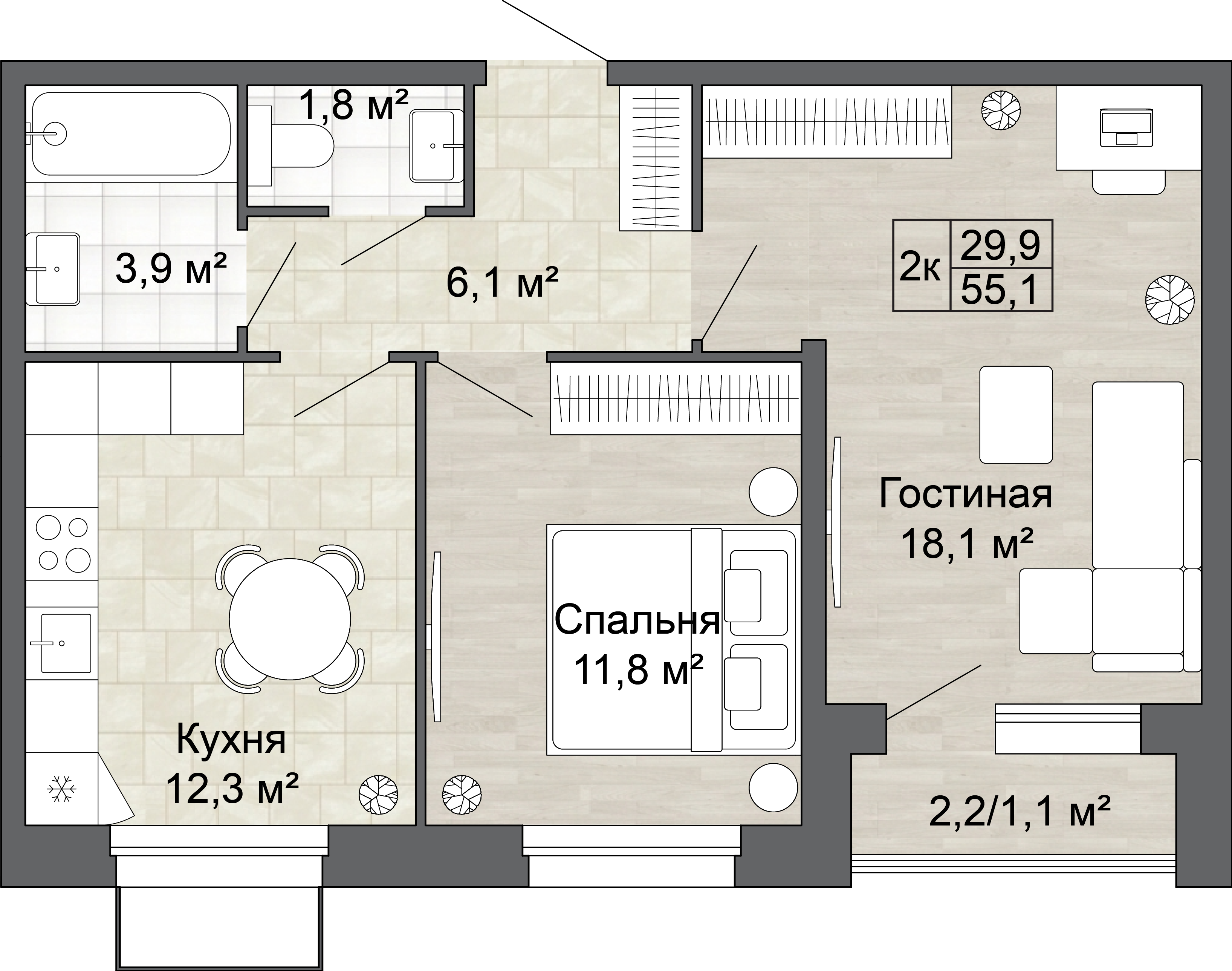 2-комнатная 55 м2 в ЖК Яблоневый Сад корпус null этаж 3