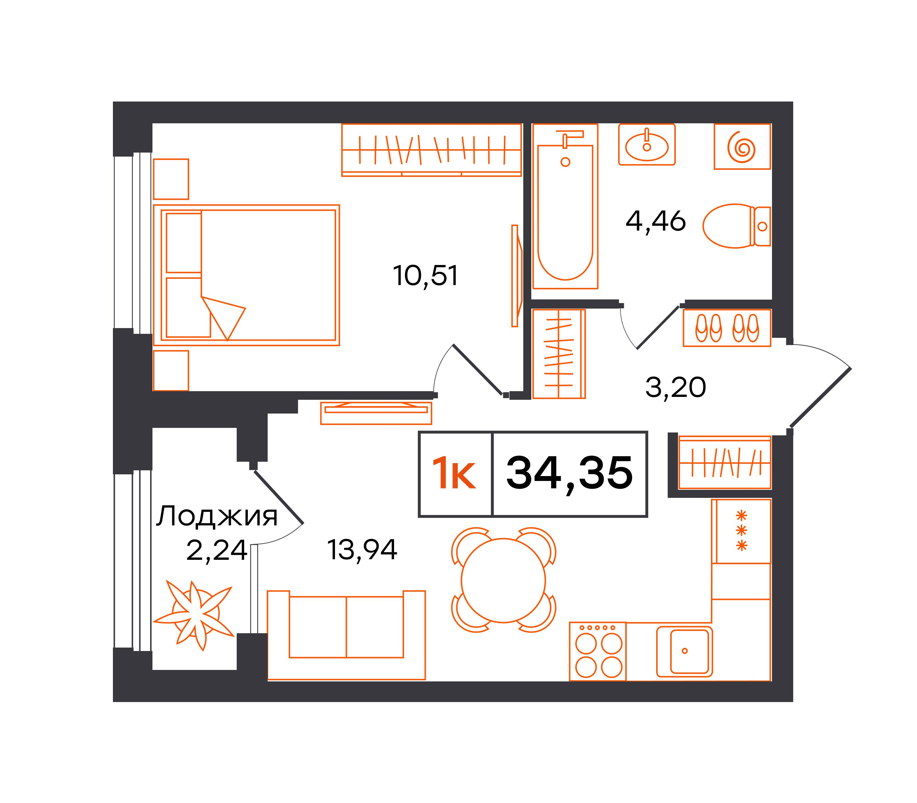 1-комнатная 34 м2 в ЖК Фатера корпус null этаж 5