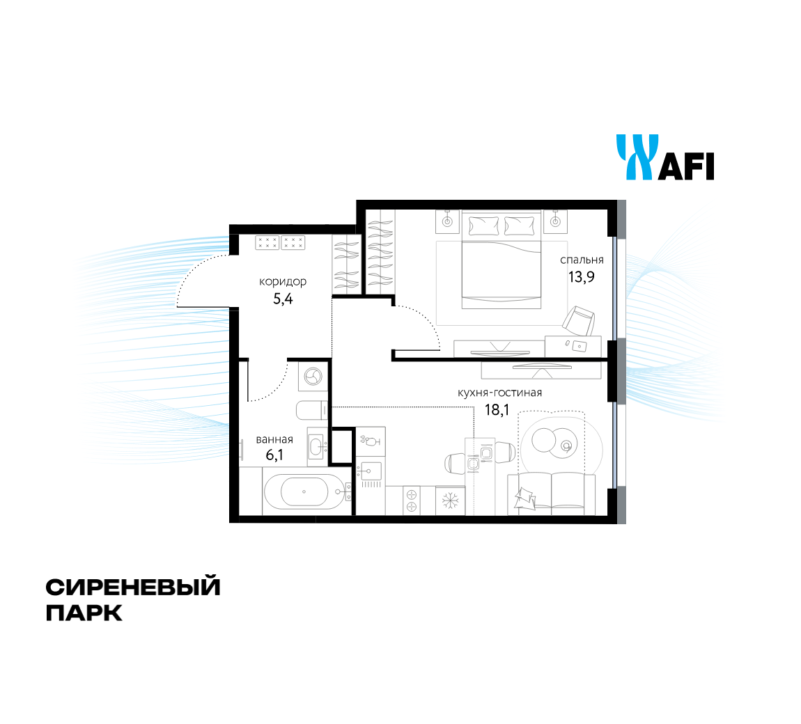 2-комнатная 42 м2 в ЖК Сиреневый парк корпус null этаж 2