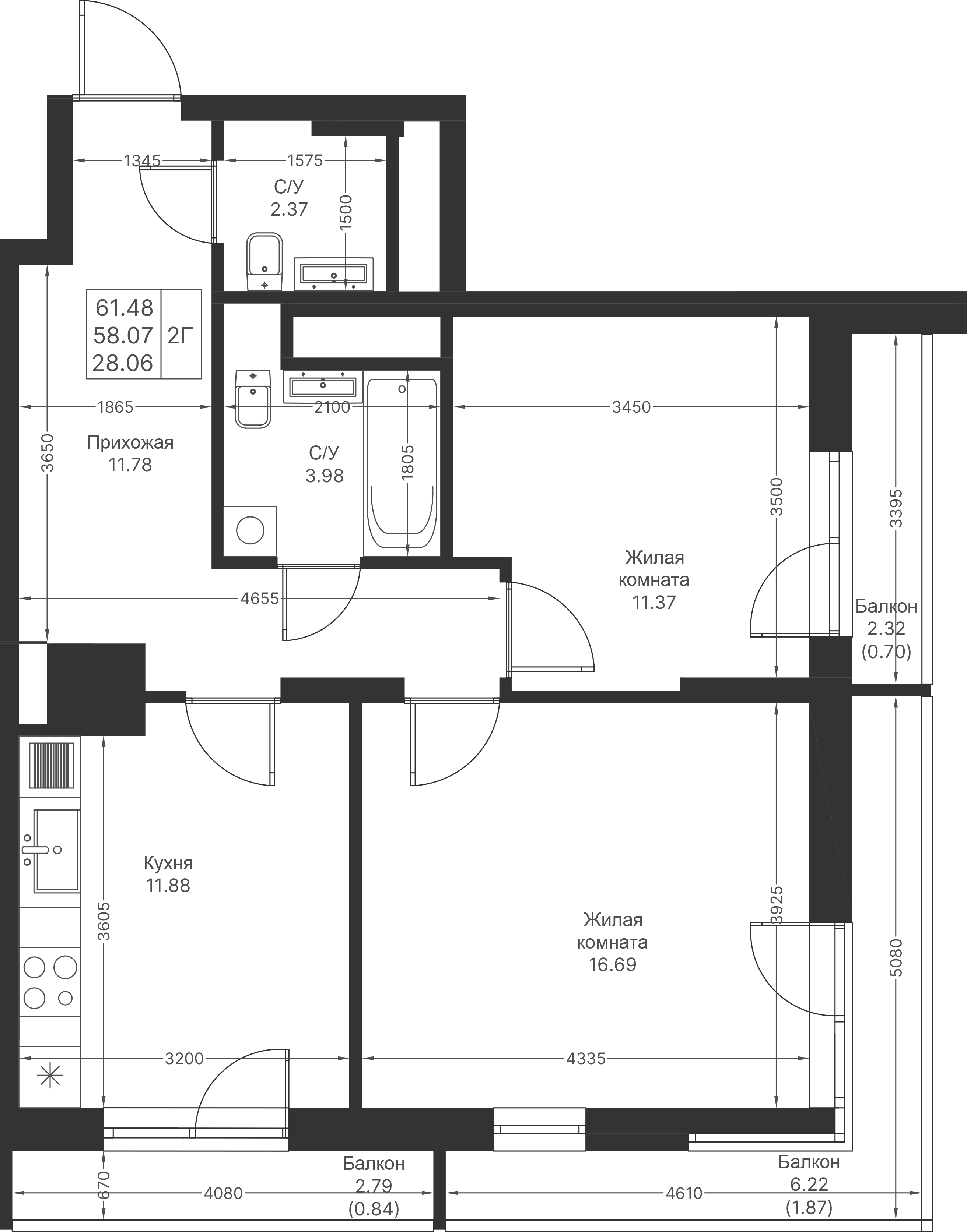 2-комнатная 61 м2 в ЖК Мой Ритм корпус null этаж 15