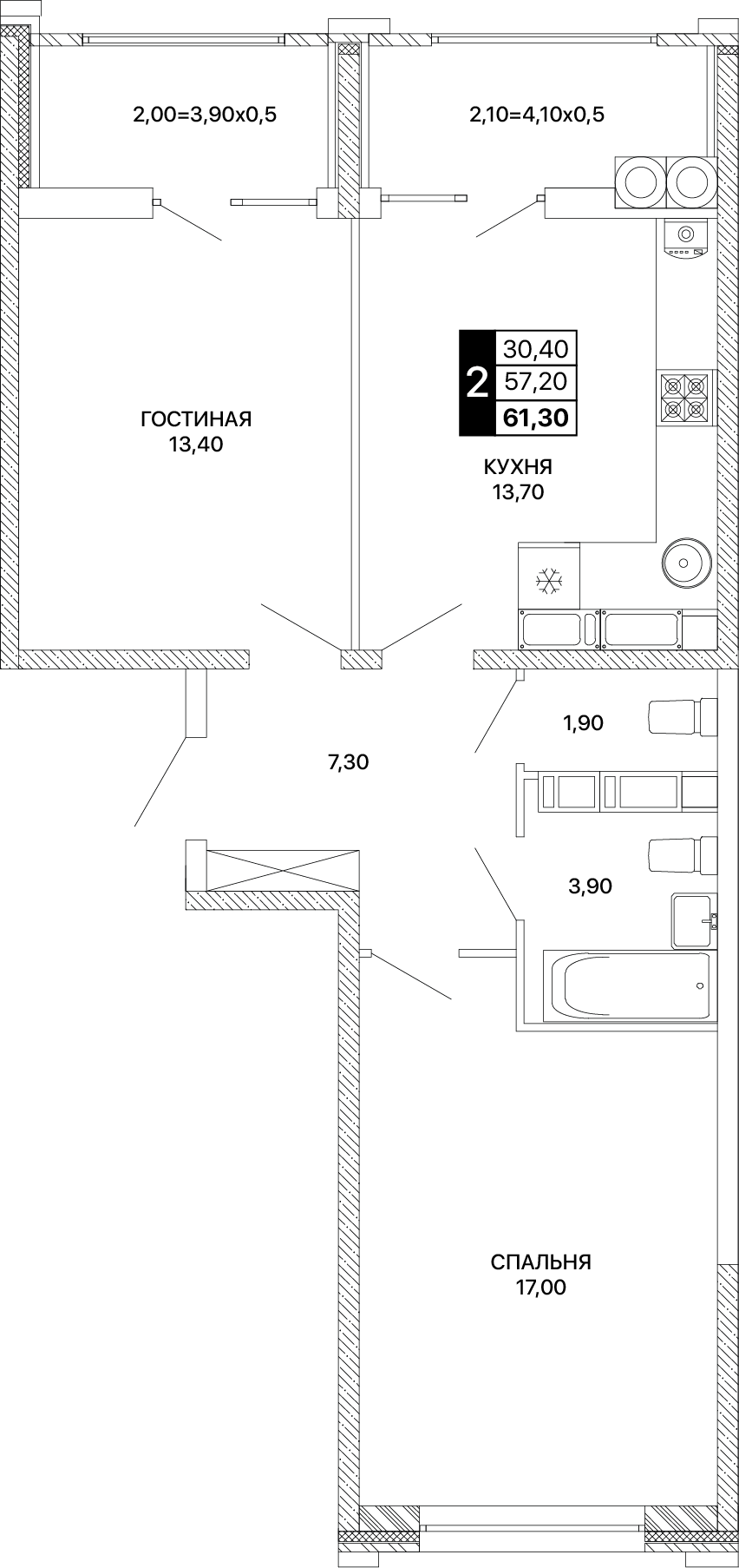 2-комнатная 61 м2 в ЖК Сияние корпус null этаж 15