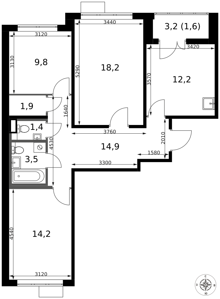 3-комнатная 77 м2 в ЖК 1-й Саларьевский корпус null этаж 6