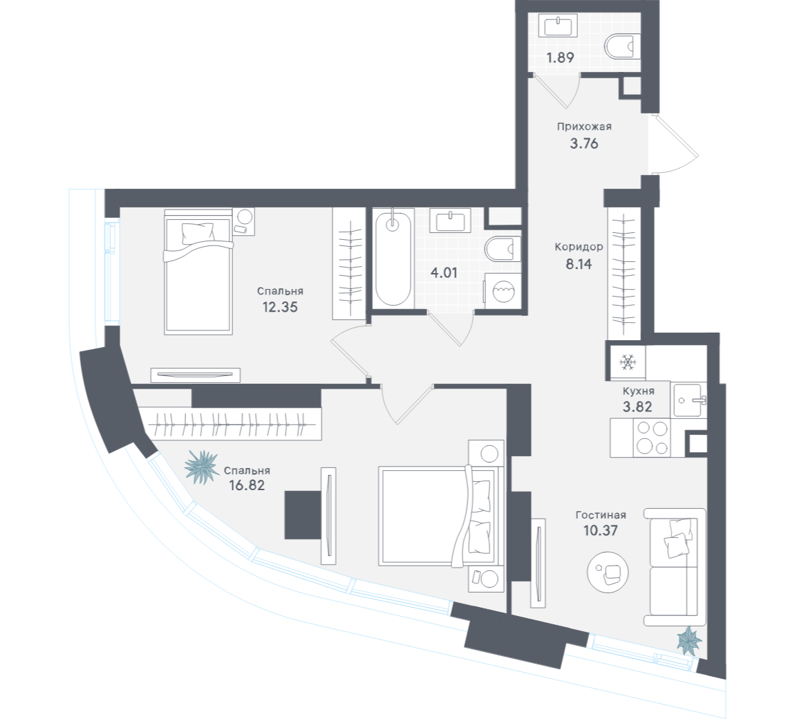 2-комнатная 61 м2 в ЖК Solos корпус null этаж 5