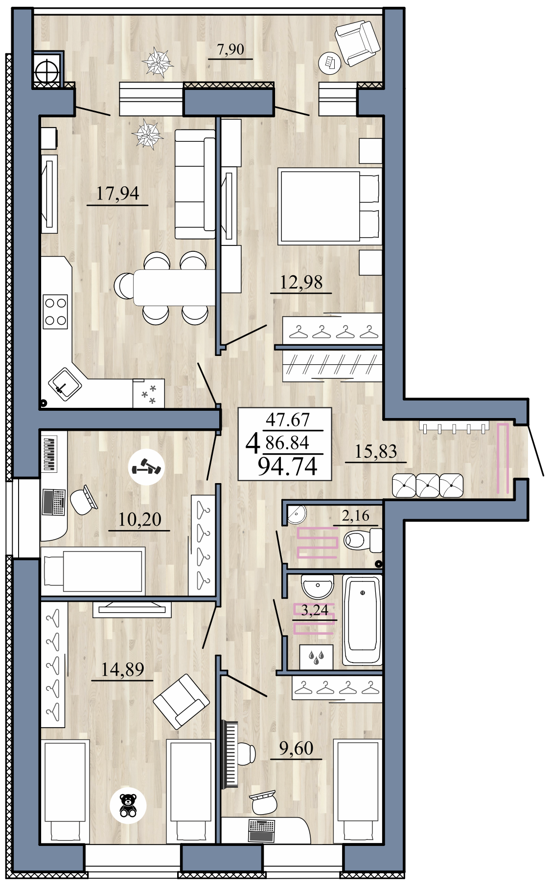 4-комнатная 94 м2 в ЖК Стрижи корпус null этаж 3