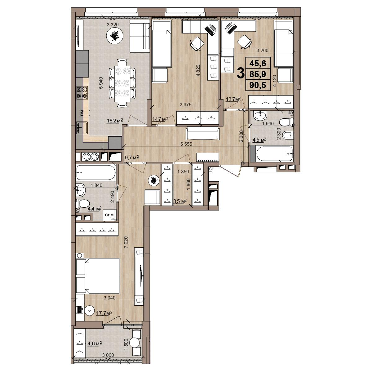 3-комнатная 90 м2 в ЖК Окская стрелка корпус null этаж 8