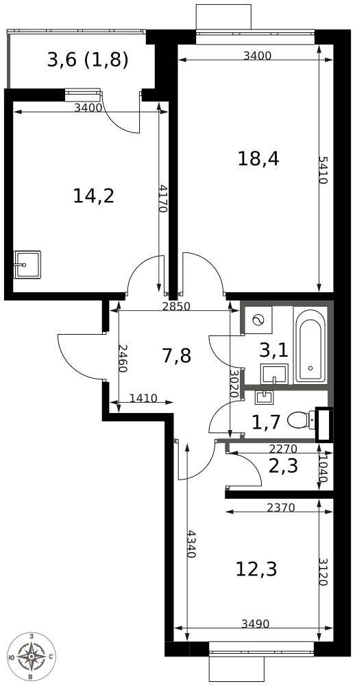 2-комнатная 61 м2 в ЖК 1-й Саларьевский корпус null этаж 3