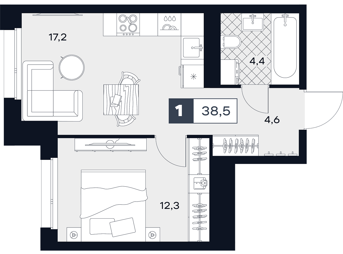 1-комнатная 38 м2 в ЖК Юту корпус null этаж 5