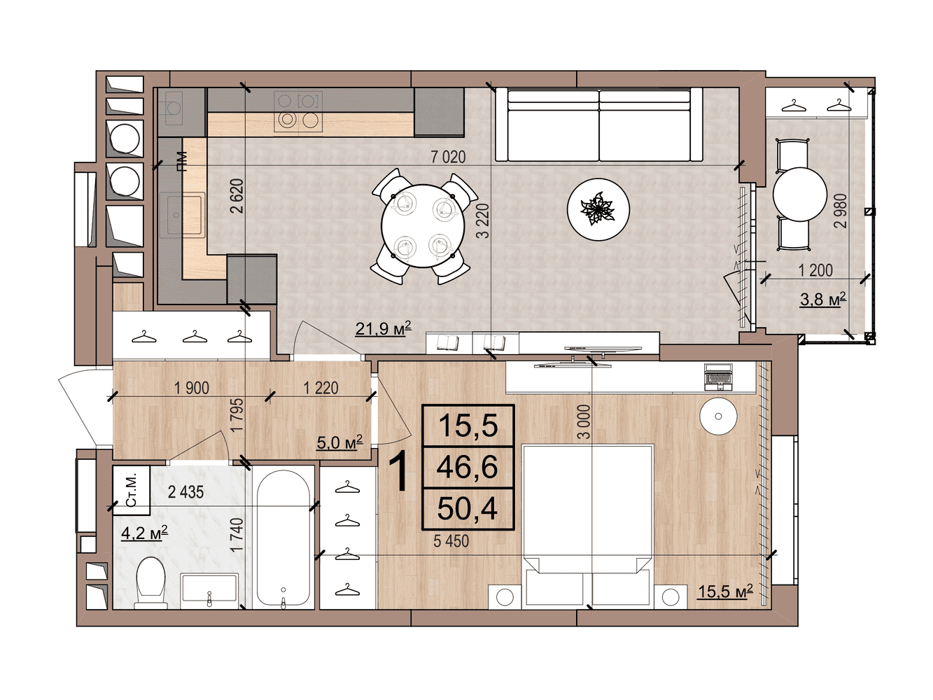 1-комнатная 50 м2 в ЖК Skyline-2 корпус null этаж 11