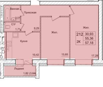 2-комнатная 57.2 м2 в ЖК undefined корпус null этаж 9