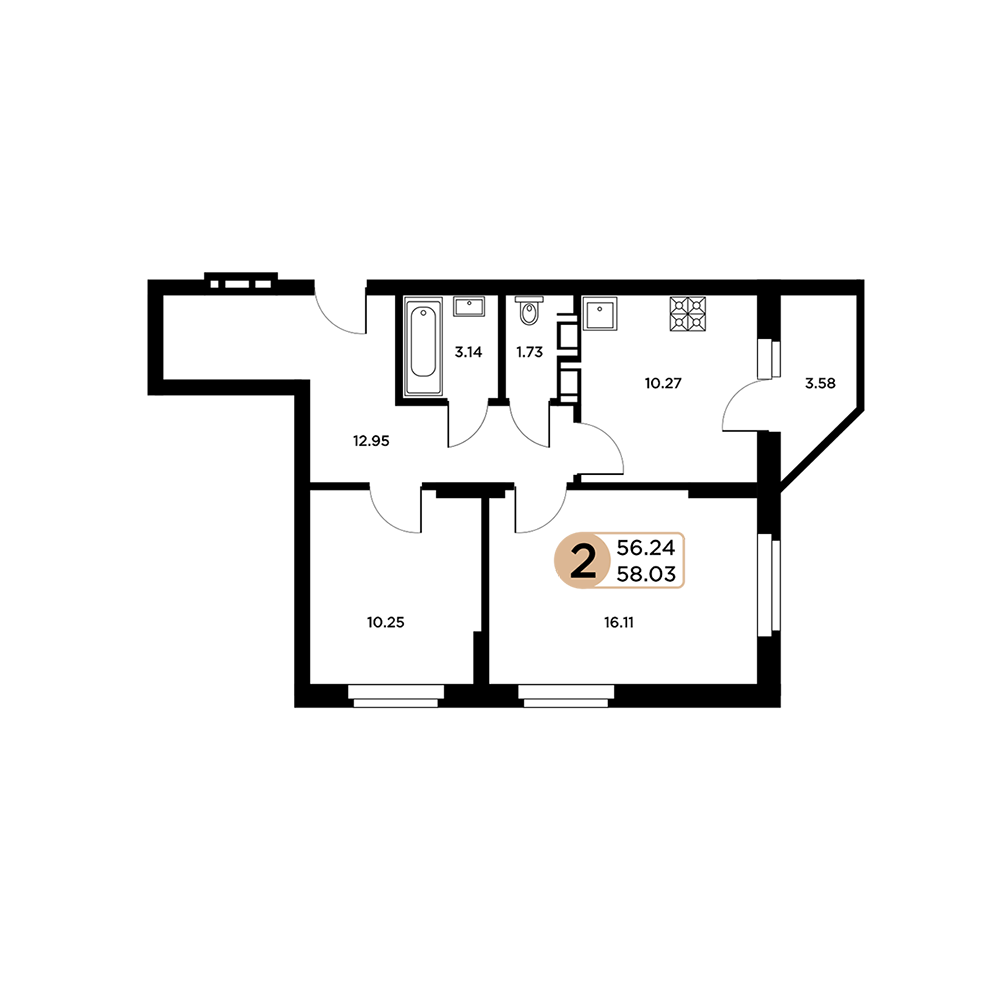 2-комнатная 56 м2 в ЖК Московский корпус null этаж 2