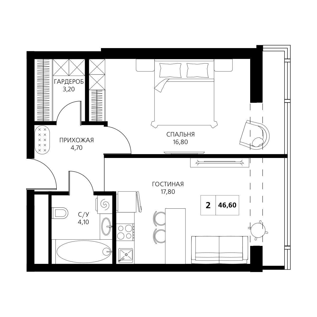 2-комнатная 46 м2 в ЖК Аксис Центр корпус null этаж 8