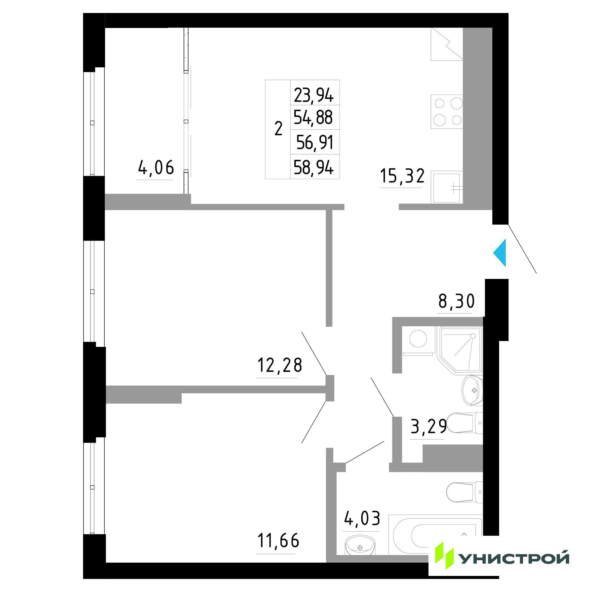 2-комнатная 56 м2 в ЖК Небосклоны корпус null этаж 10
