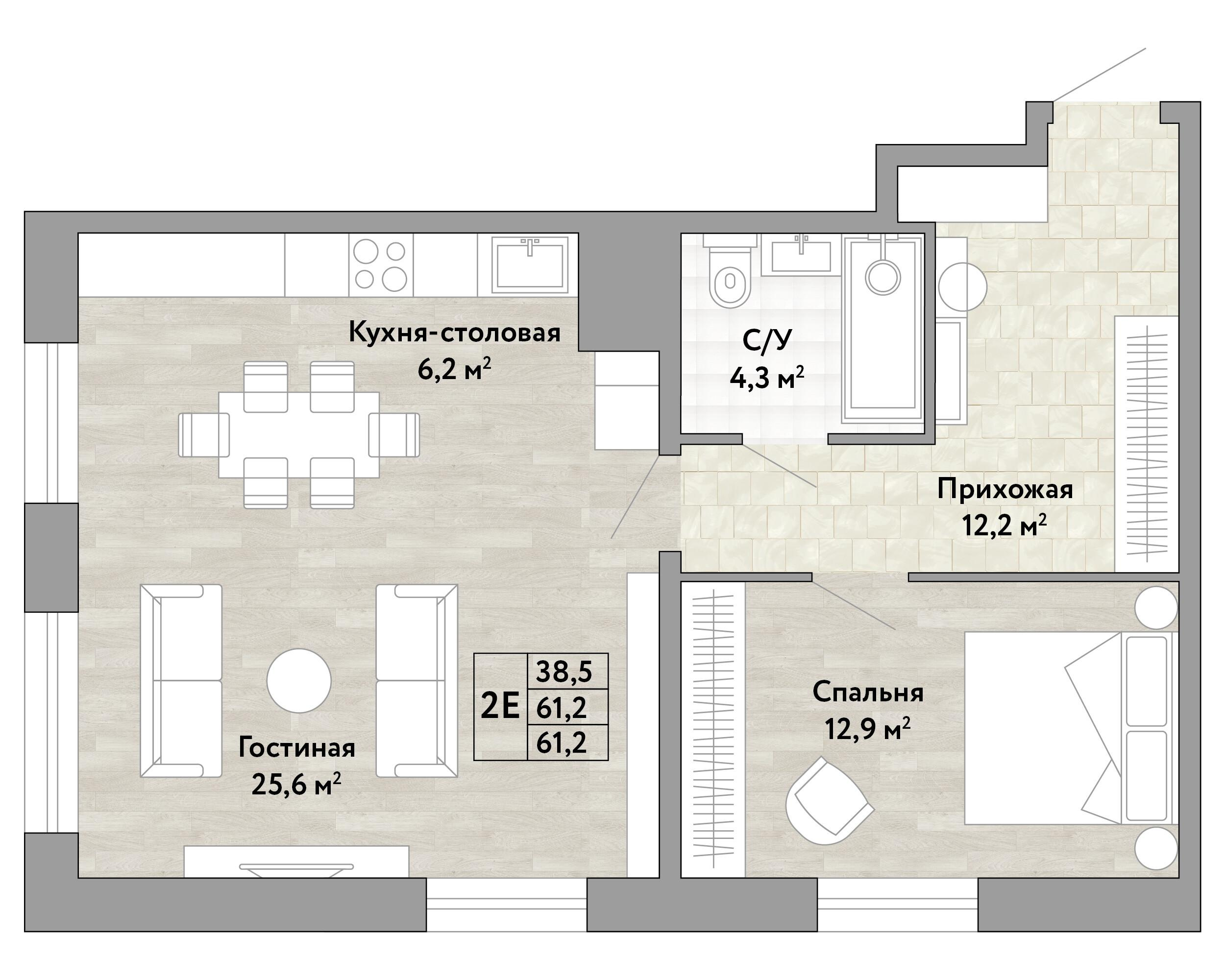 2-комнатная 61 м2 в ЖК Green 2 корпус null этаж 7