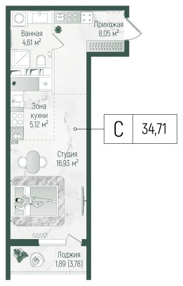 Студия 36 м2 в ЖК Рига Хиллс корпус null этаж 9