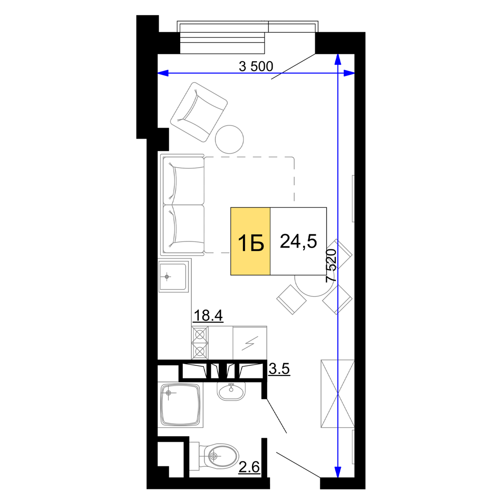 1-комнатная 24 м2 в ЖК Мореград корпус null этаж 2